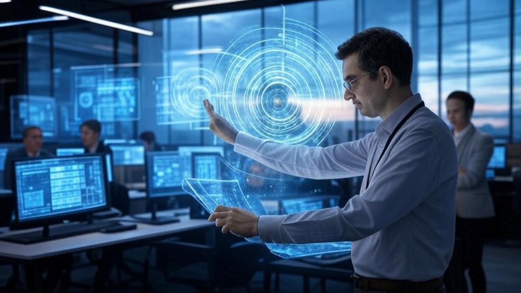 Futuristic newsroom with AI tools transforming journalism in 2025, featuring journalists and holographic data interfaces.